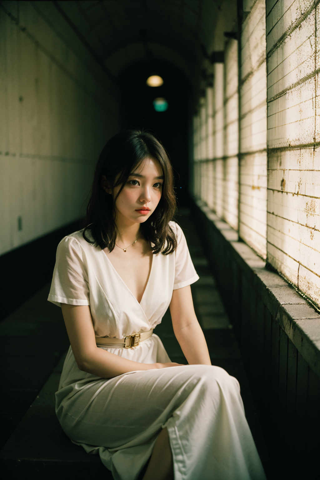 01951-3718068625-1girl,film grain,vintage tone,high contrast,gown,tunnel,dim lighting,dark yellow theme,melancholy,sitting,against wall,sad.png